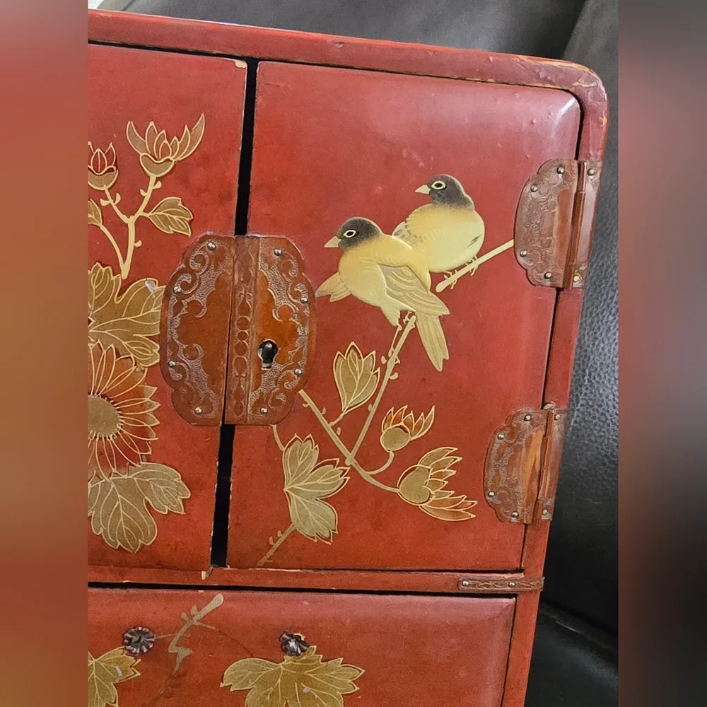 Vintage Japanese Wooden Table Cabinet Handpainted Floral & Bird Design Kodansu